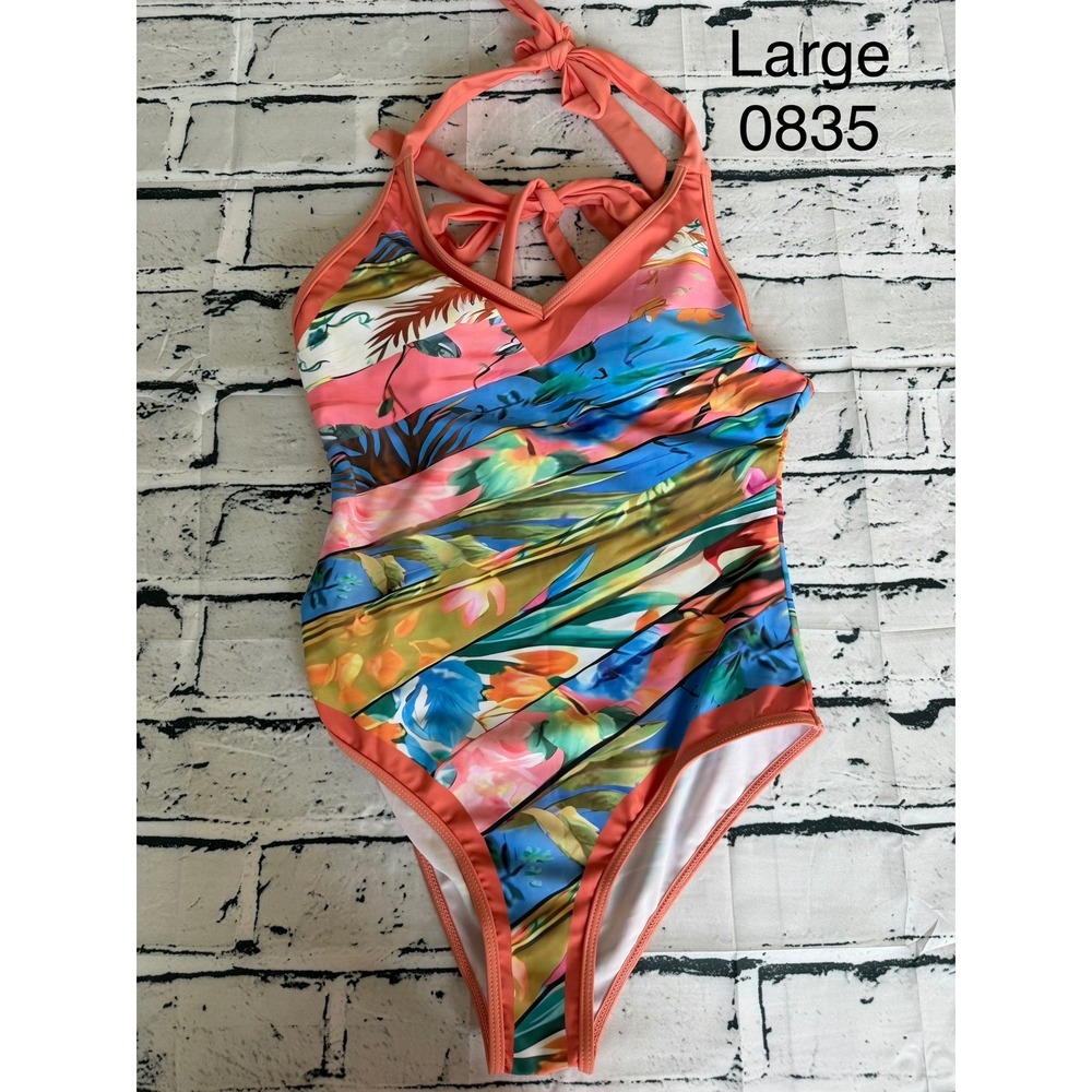 Womens Tropical Floral Halter One Piece Swimsuit Coral Pink Blue Large 0835